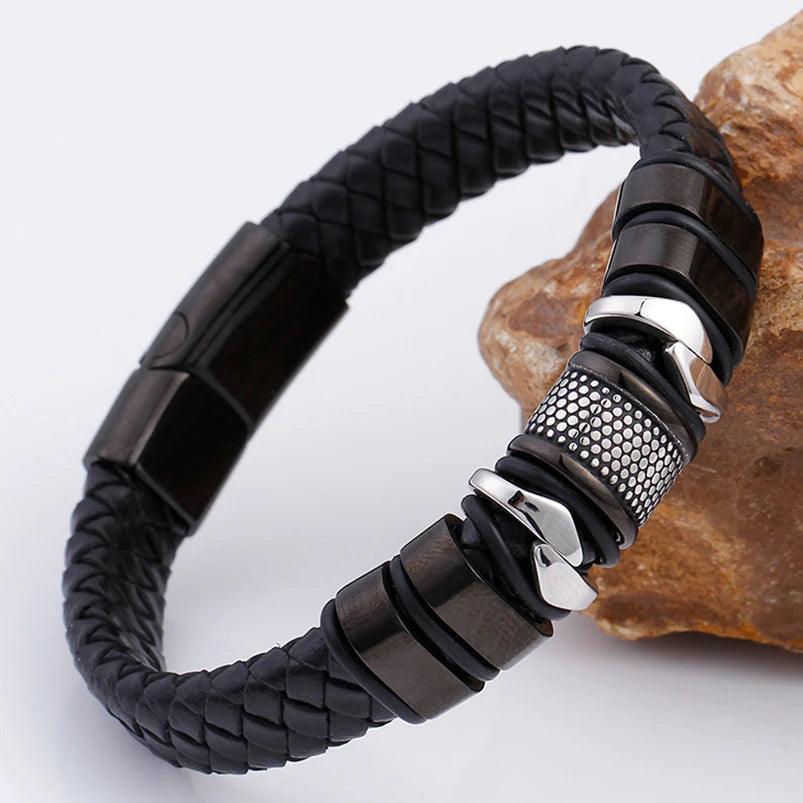 16MM Stainless Steel Black Leather Men's Bracelet - Your Ultimate Fashion Statement - Buylaand