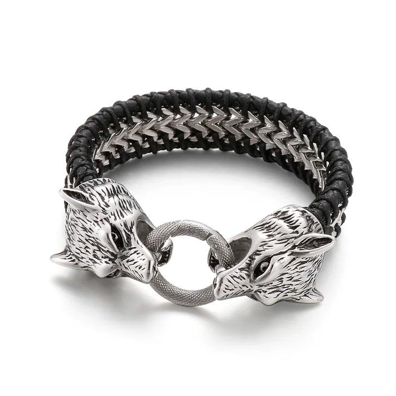 Punk Rock Double Wolf Head Leather Bracelet - Buylaand