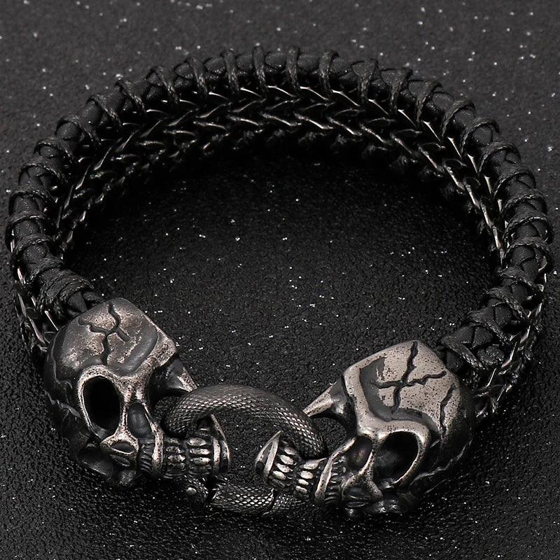 Gothic Skull Men's Leather & Steel Bracelet - Buylaand