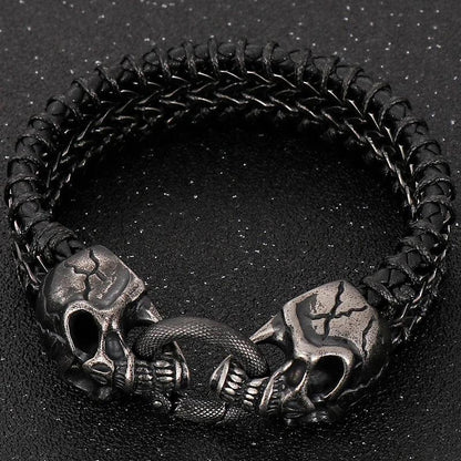 Gothic Skull Men's Leather & Steel Bracelet - Buylaand