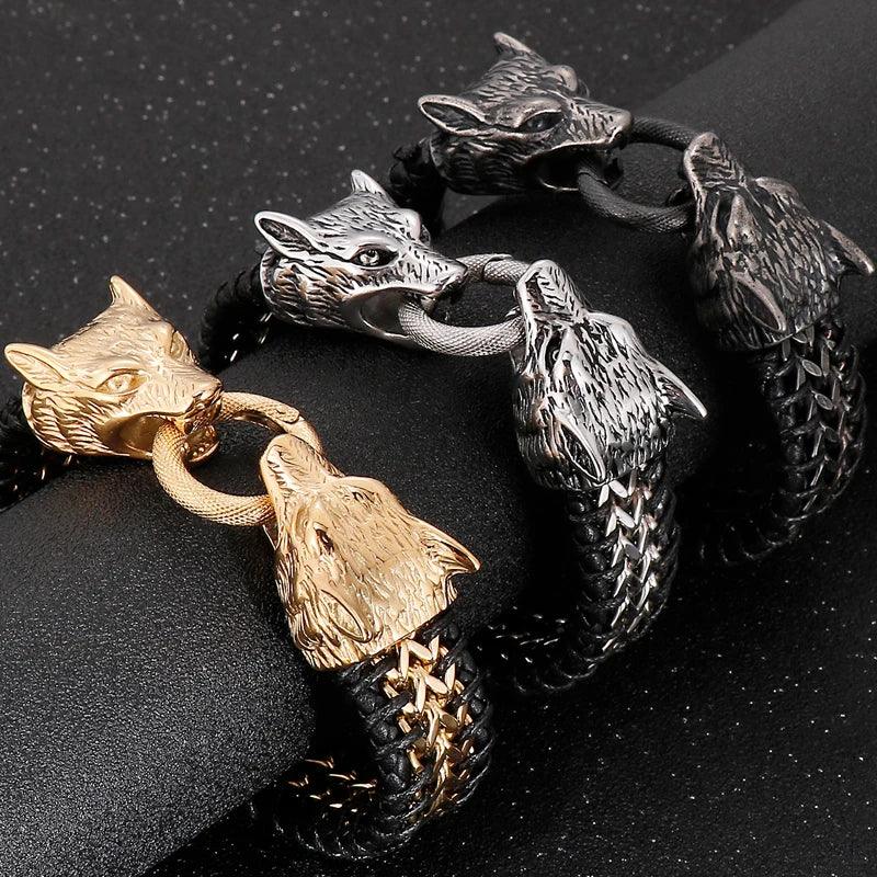 Punk Rock Double Wolf Head Leather Bracelet - Buylaand