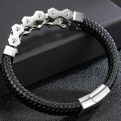 Stylish Steel & Leather Biker Bracelet for Men - Buylaand