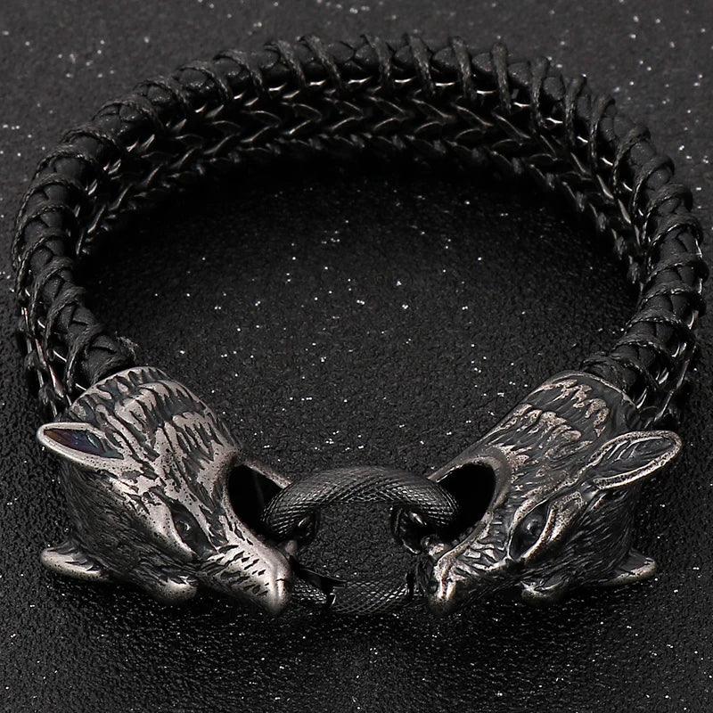 Punk Rock Double Wolf Head Leather Bracelet - Buylaand