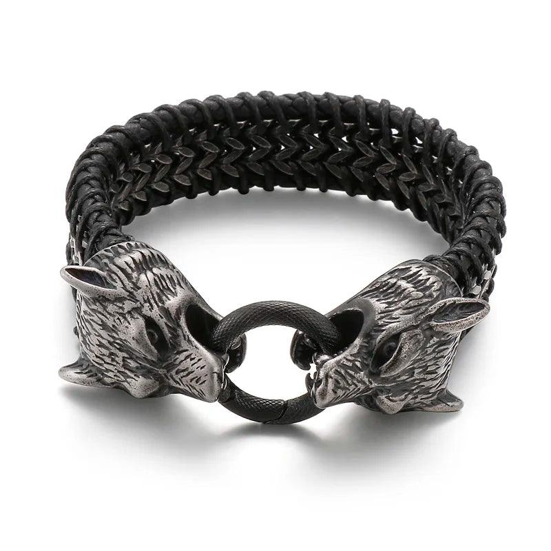 Punk Rock Double Wolf Head Leather Bracelet - Buylaand