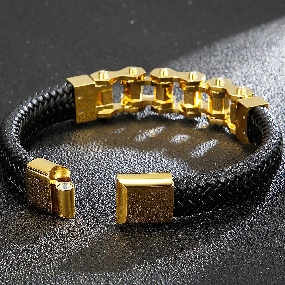 Stylish Steel & Leather Biker Bracelet for Men - Buylaand