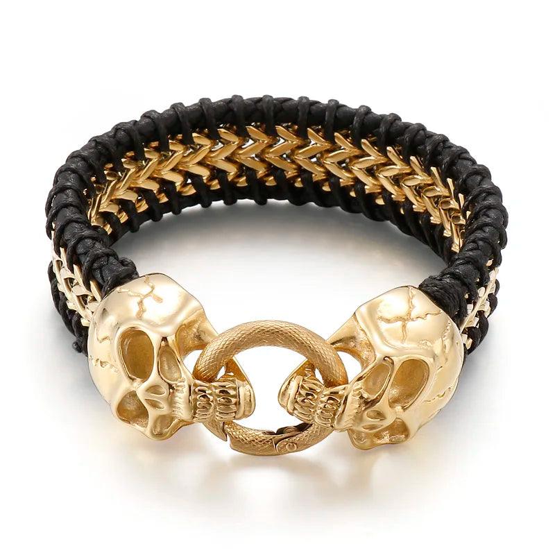 Gothic Skull Men's Leather & Steel Bracelet - Buylaand