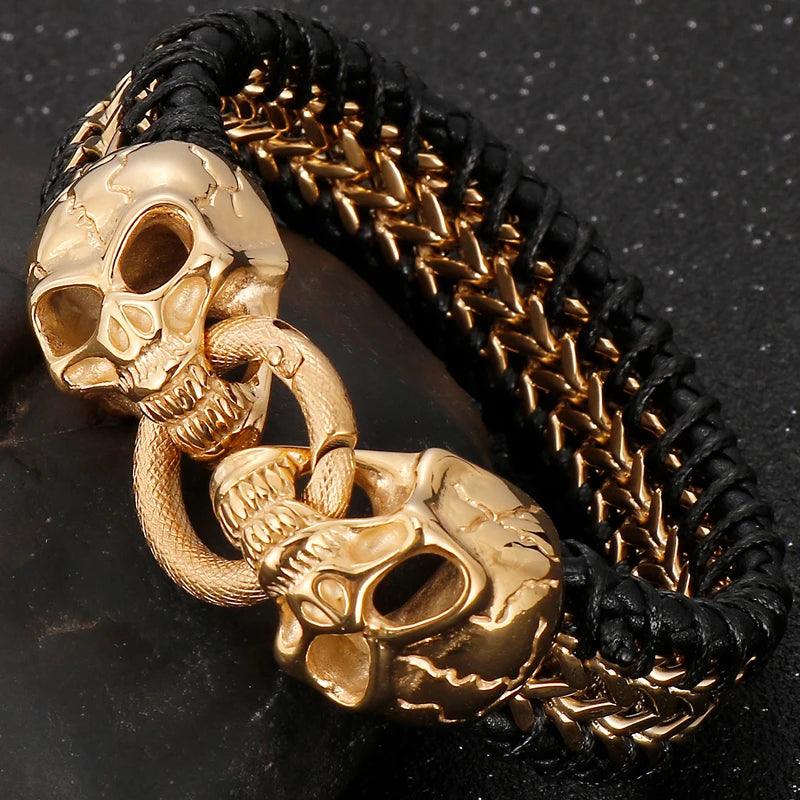 Gothic Skull Men's Leather & Steel Bracelet - Buylaand