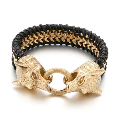 Punk Rock Double Wolf Head Leather Bracelet - Buylaand