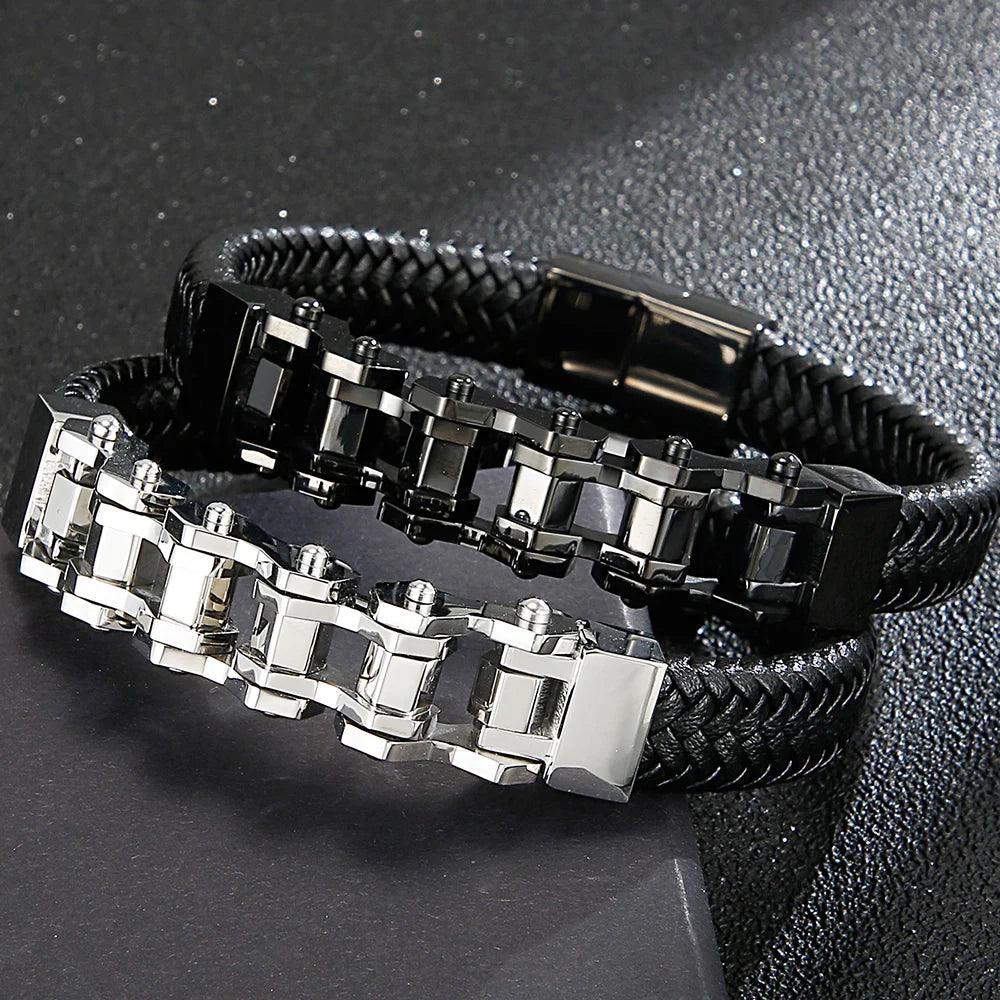 Stylish Steel & Leather Biker Bracelet for Men - Buylaand