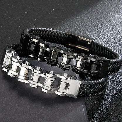 Stylish Steel & Leather Biker Bracelet for Men - Buylaand