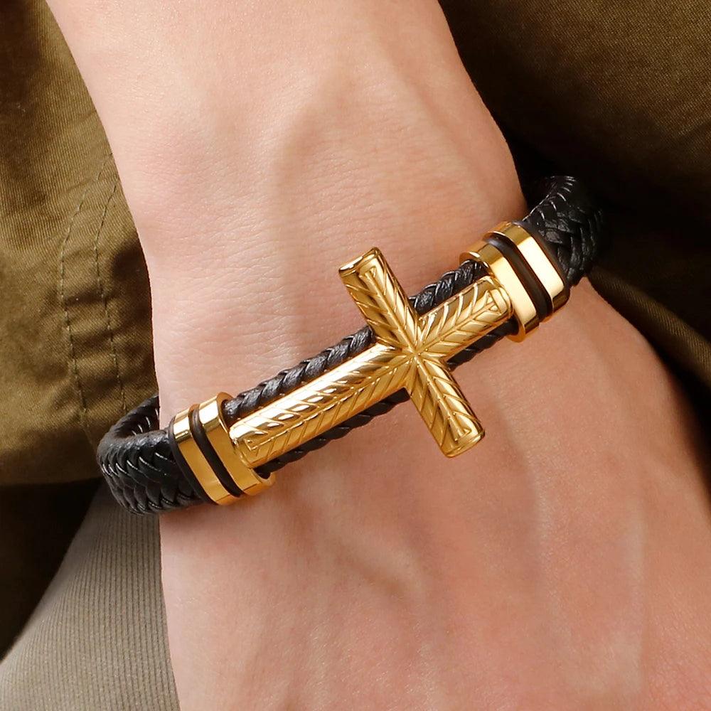 Gold Stainless Steel Braided Leather Bracelet - Buylaand