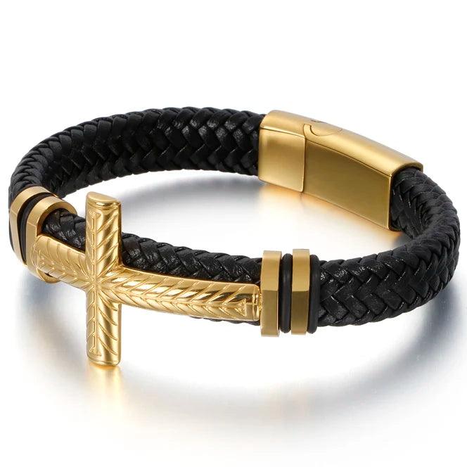 Gold Stainless Steel Braided Leather Bracelet - Buylaand