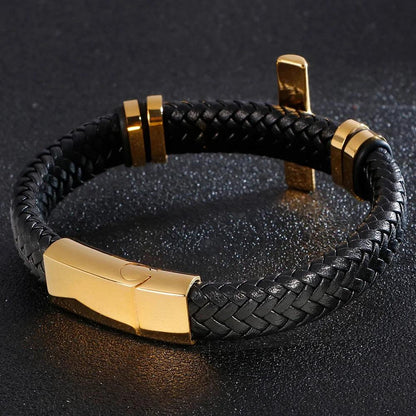 Gold Stainless Steel Braided Leather Bracelet - Buylaand