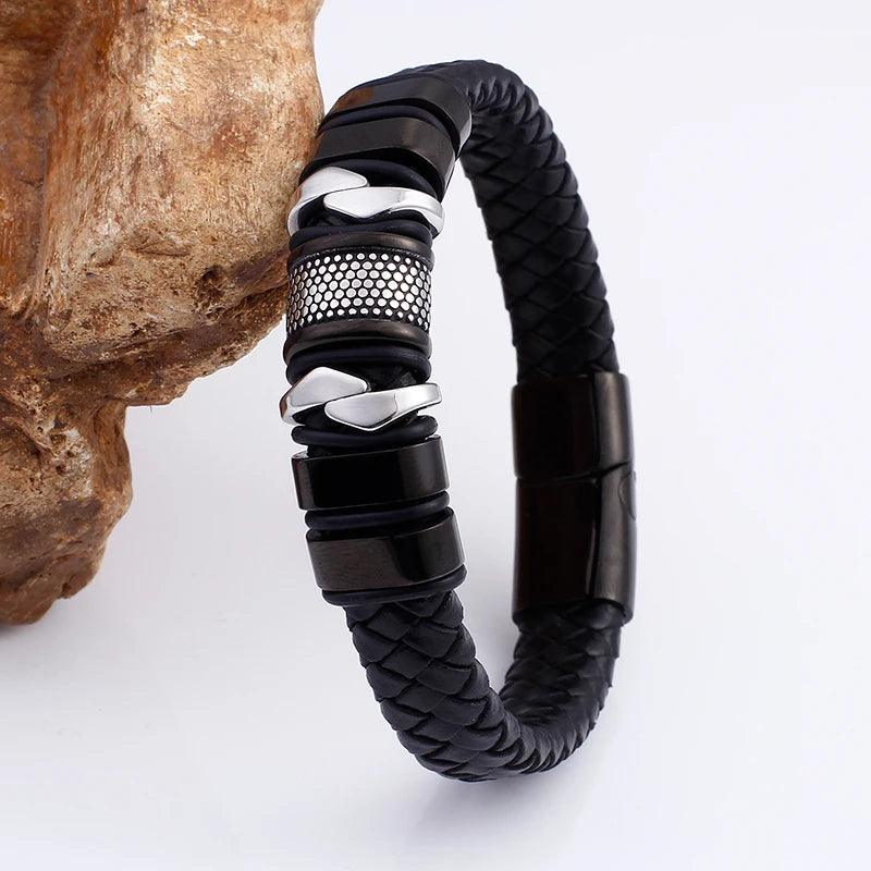 16MM Stainless Steel Black Leather Men's Bracelet - Your Ultimate Fashion Statement - Buylaand