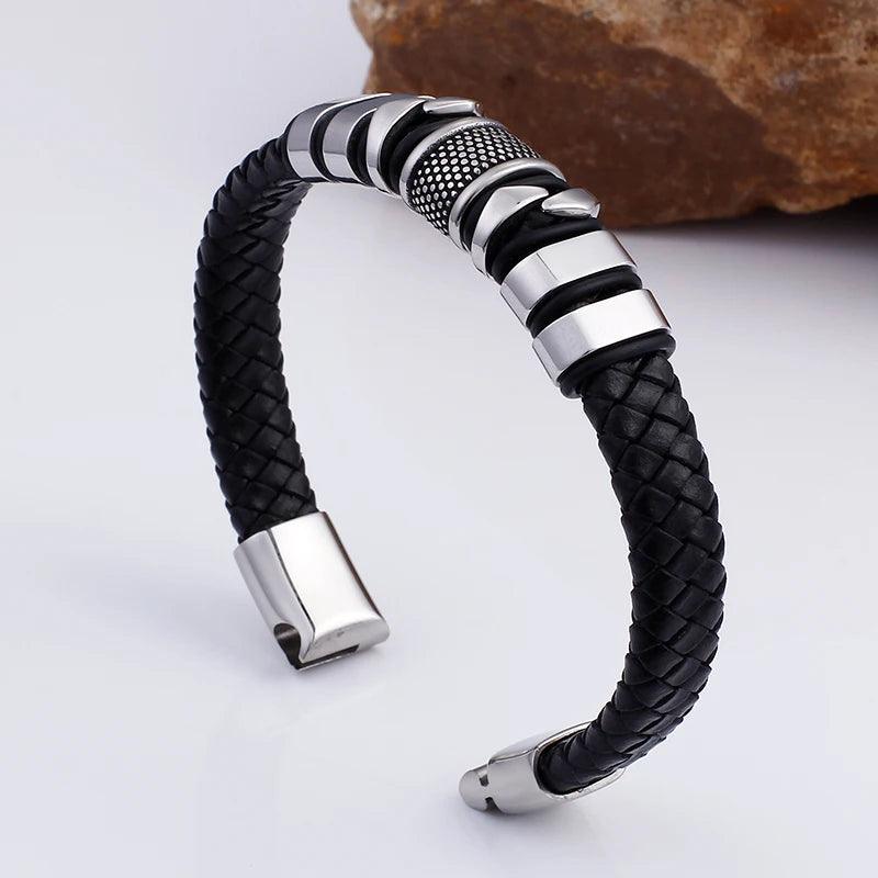 16MM Stainless Steel Black Leather Men's Bracelet - Your Ultimate Fashion Statement - Buylaand