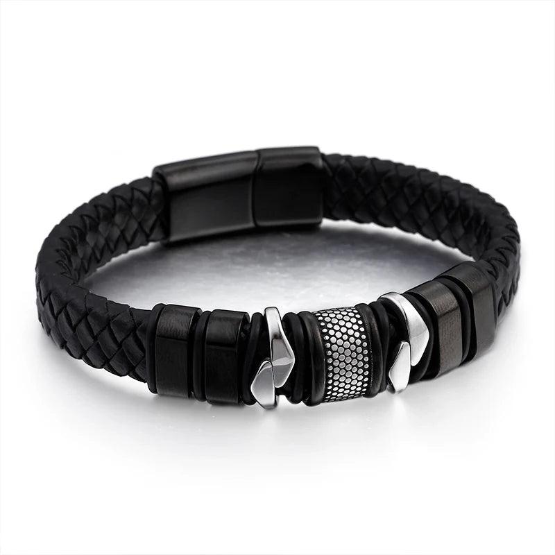 16MM Stainless Steel Black Leather Men's Bracelet - Your Ultimate Fashion Statement - Buylaand