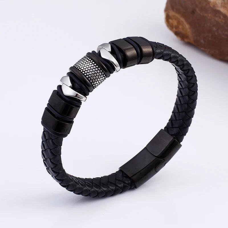 16MM Stainless Steel Black Leather Men's Bracelet - Your Ultimate Fashion Statement - Buylaand