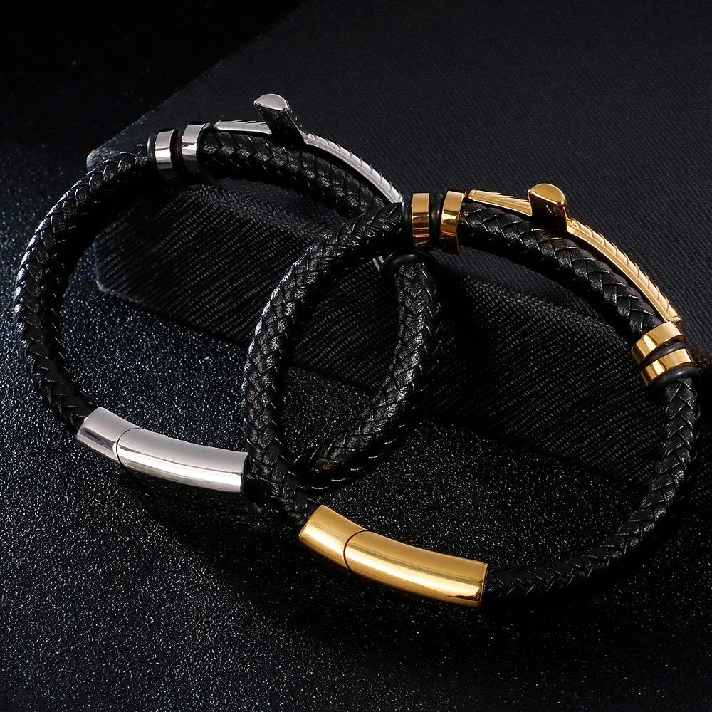 Gold Stainless Steel Braided Leather Bracelet - Buylaand