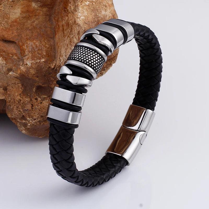 16MM Stainless Steel Black Leather Men's Bracelet - Your Ultimate Fashion Statement - Buylaand