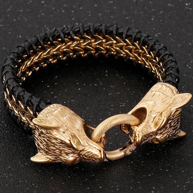 Punk Rock Double Wolf Head Leather Bracelet - Buylaand