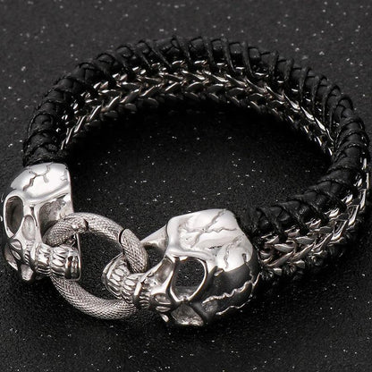 Gothic Skull Men's Leather & Steel Bracelet - Buylaand