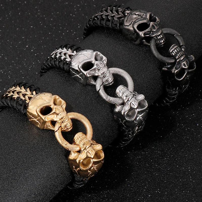 Gothic Skull Men's Leather & Steel Bracelet - Buylaand