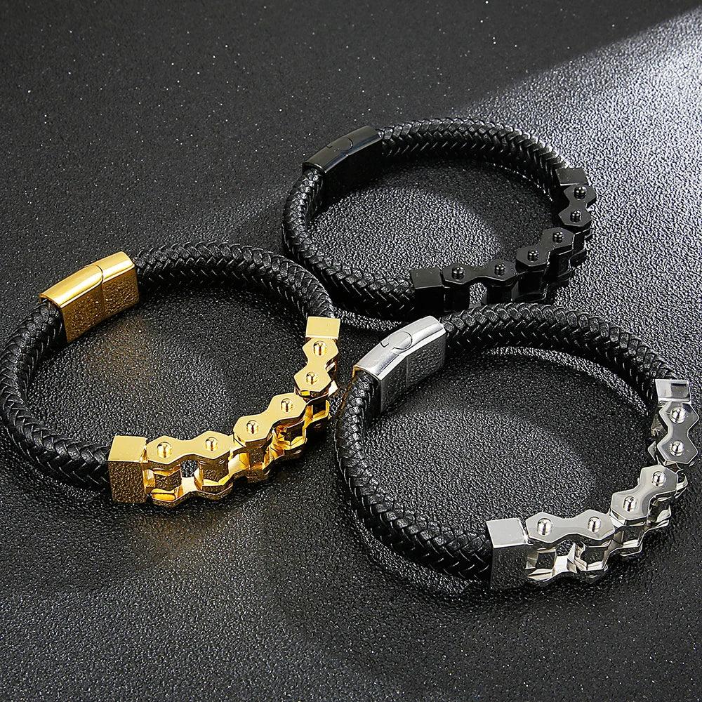 Stylish Steel & Leather Biker Bracelet for Men - Buylaand