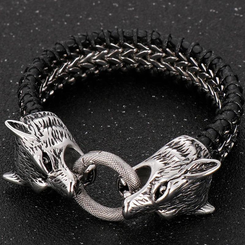 Punk Rock Double Wolf Head Leather Bracelet - Buylaand