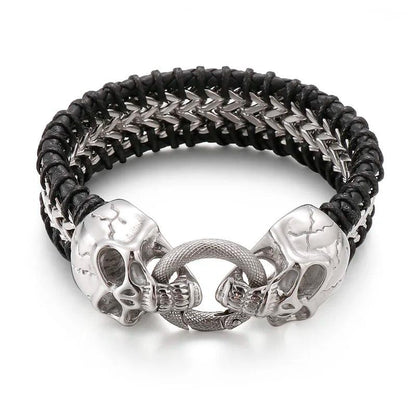 Gothic Skull Men's Leather & Steel Bracelet - Buylaand