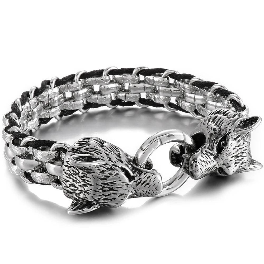 Stainless Steel Viking Wolf Head Bracelet for Men - Buylaand