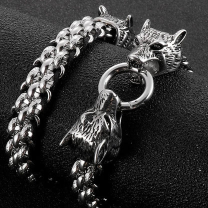 Stainless Steel Viking Wolf Head Bracelet for Men - Buylaand