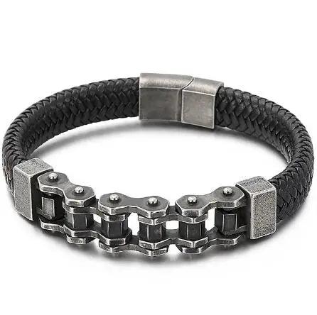 Stylish Steel & Leather Biker Bracelet for Men - Buylaand