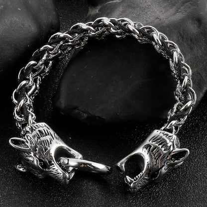 Stainless Steel Viking Wolf Head Bracelet for Men - Buylaand